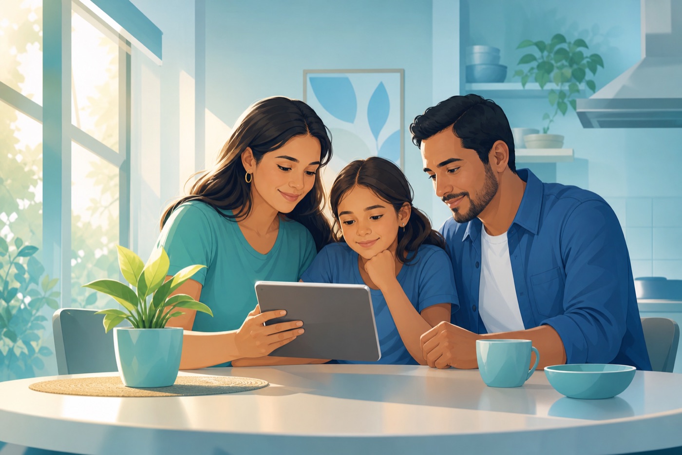 Familia hispana revisando su organización financiera en casa con tranquilidad